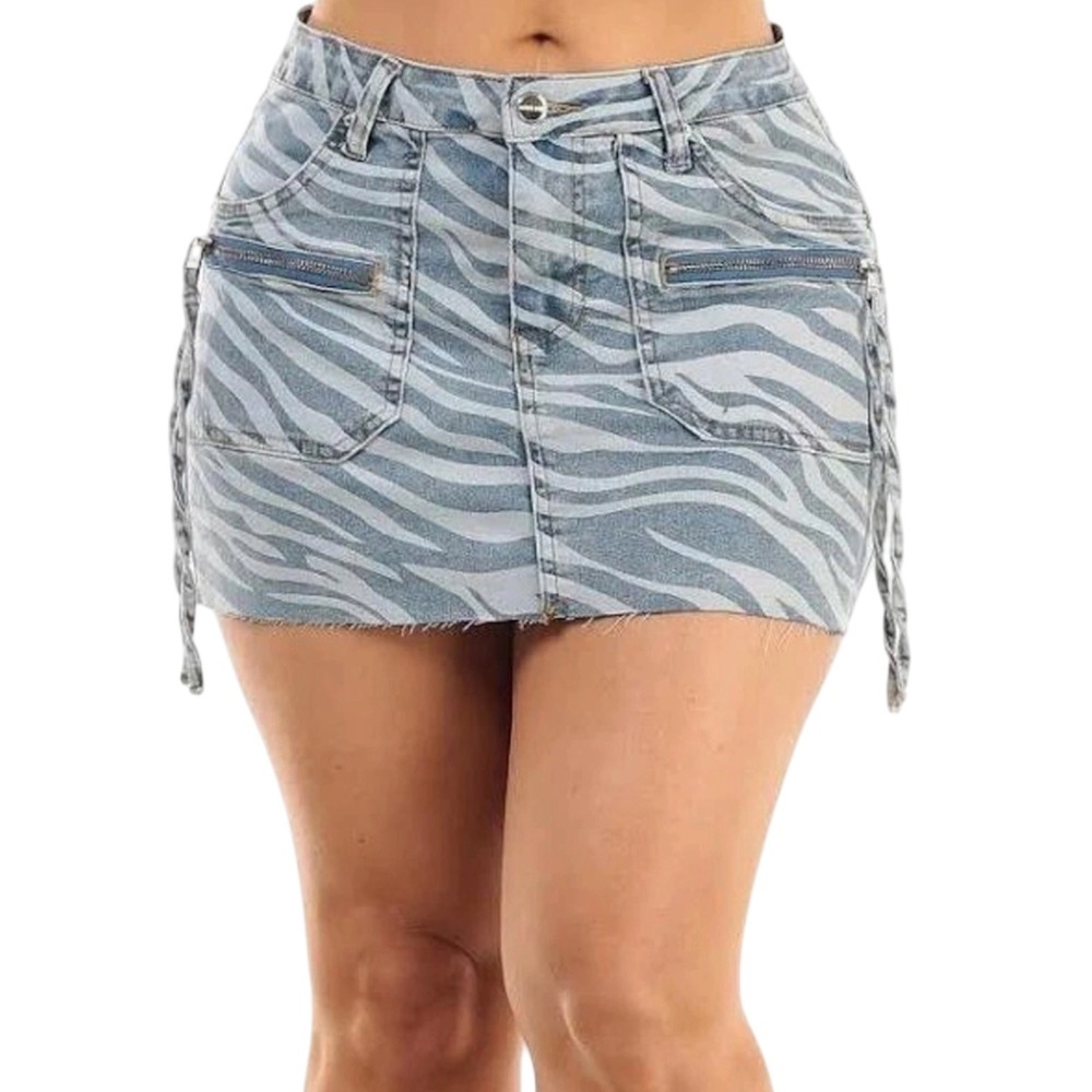 Dakota Blue Y2K Zebra‎ Print Denim Mini Skirt Blue White Raw Hem Women's Size L